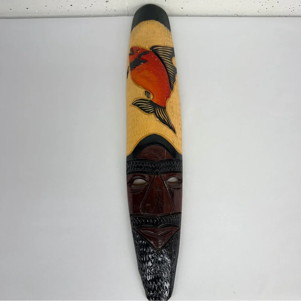 Hand Carved African Jamaican Tribal Fish Warrior Mask Hanging Wall Art 19”